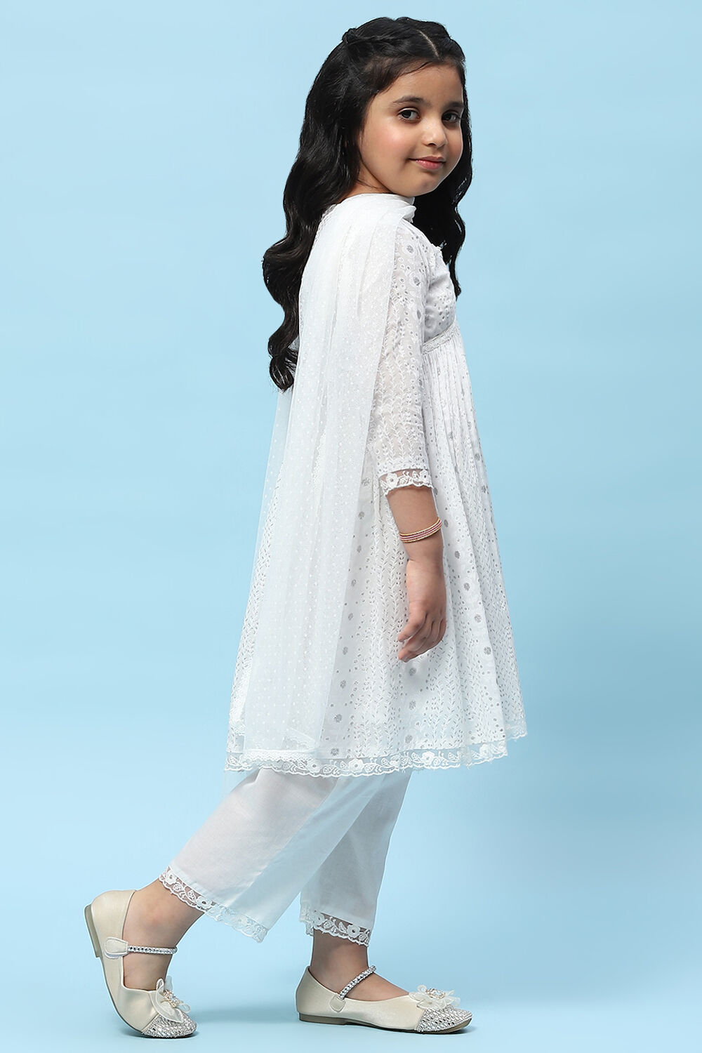 White Cotton Viscose Khadi Print Gathered Suit Set image number 6