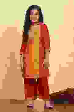 Mustard Yellow and Red Printed Straight Suit Set image number 6