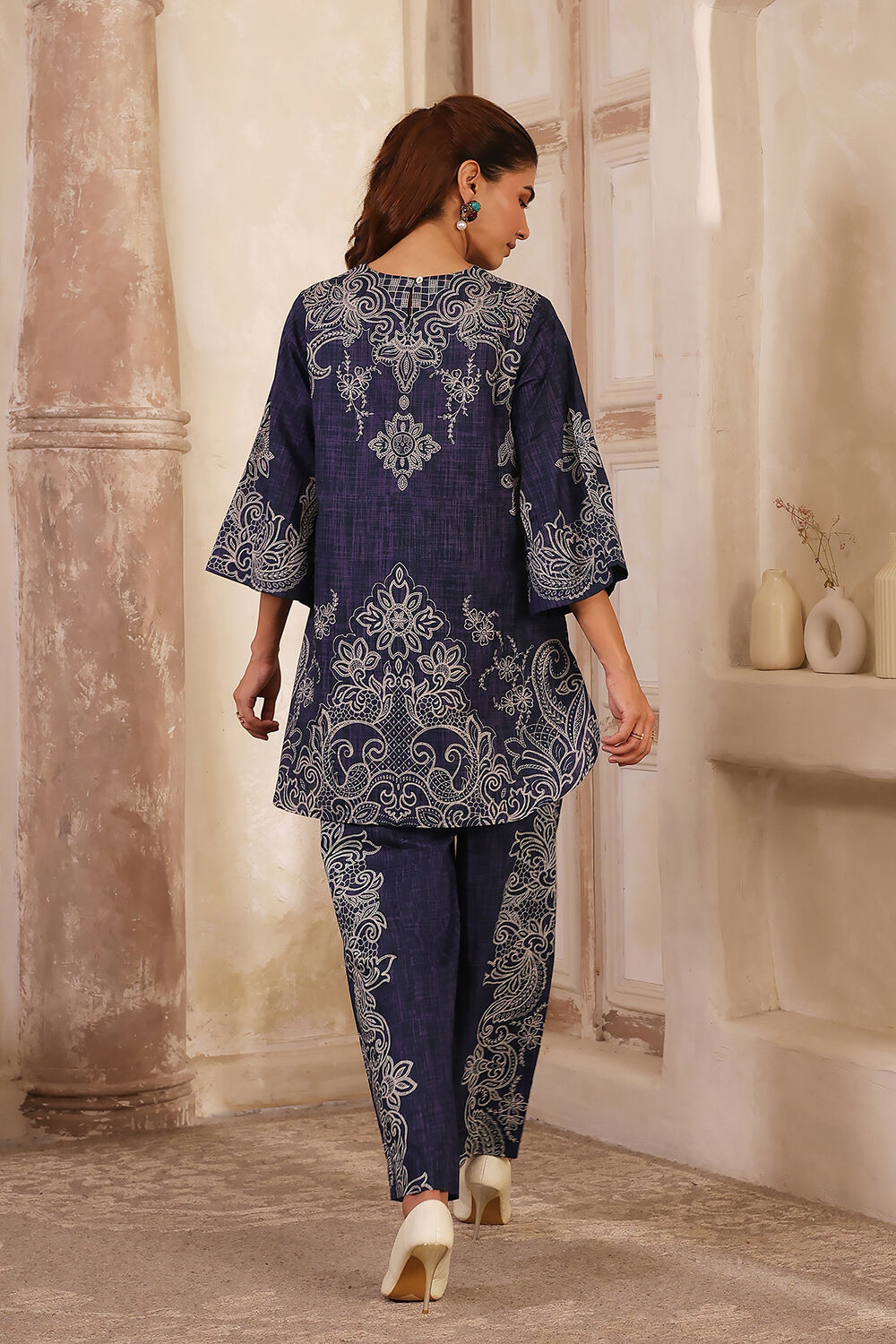 Blue Cotton Straight Printed Kurta Pants Set image number 4