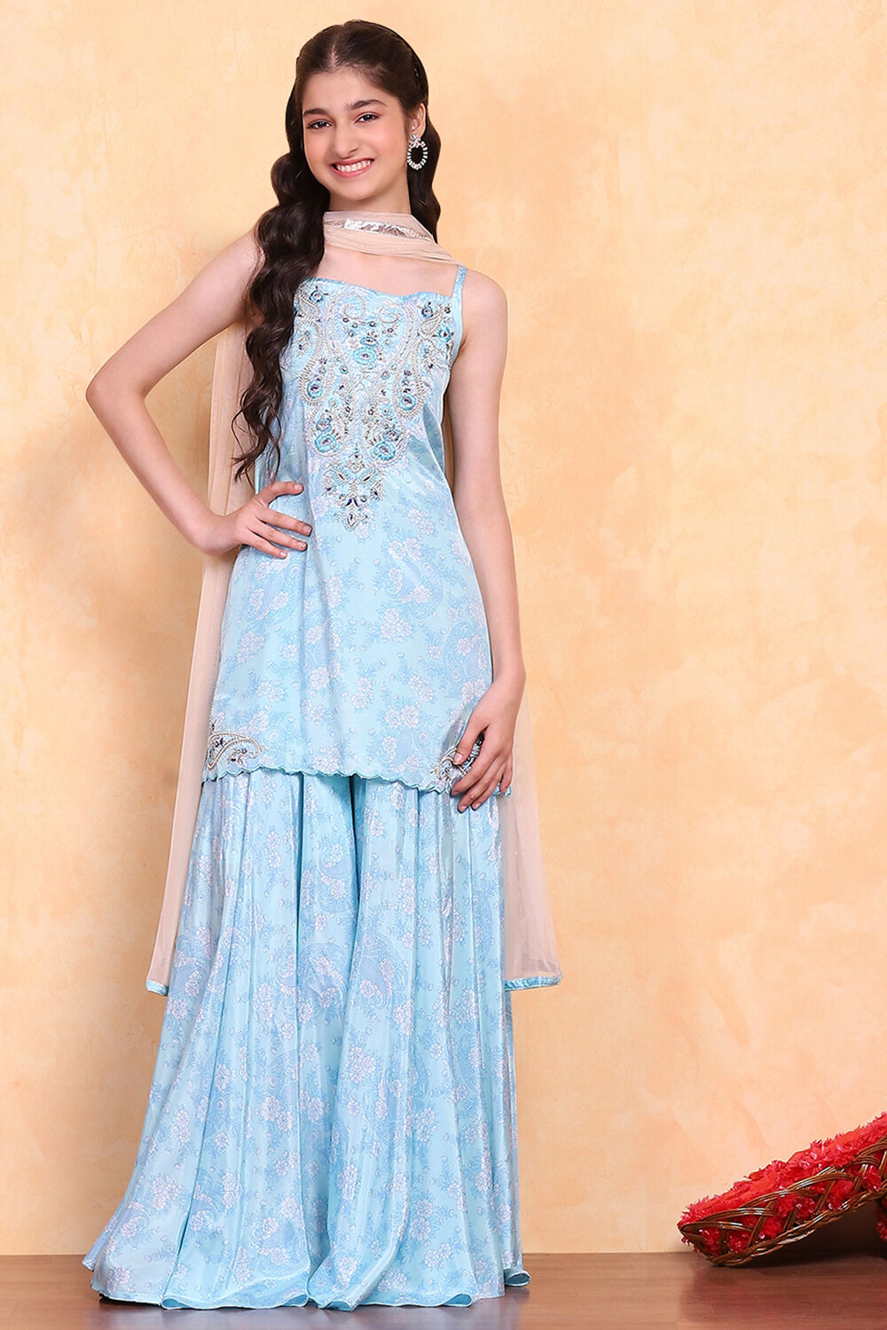 Aqua Printed Strappy Straight Suit Set image number 6