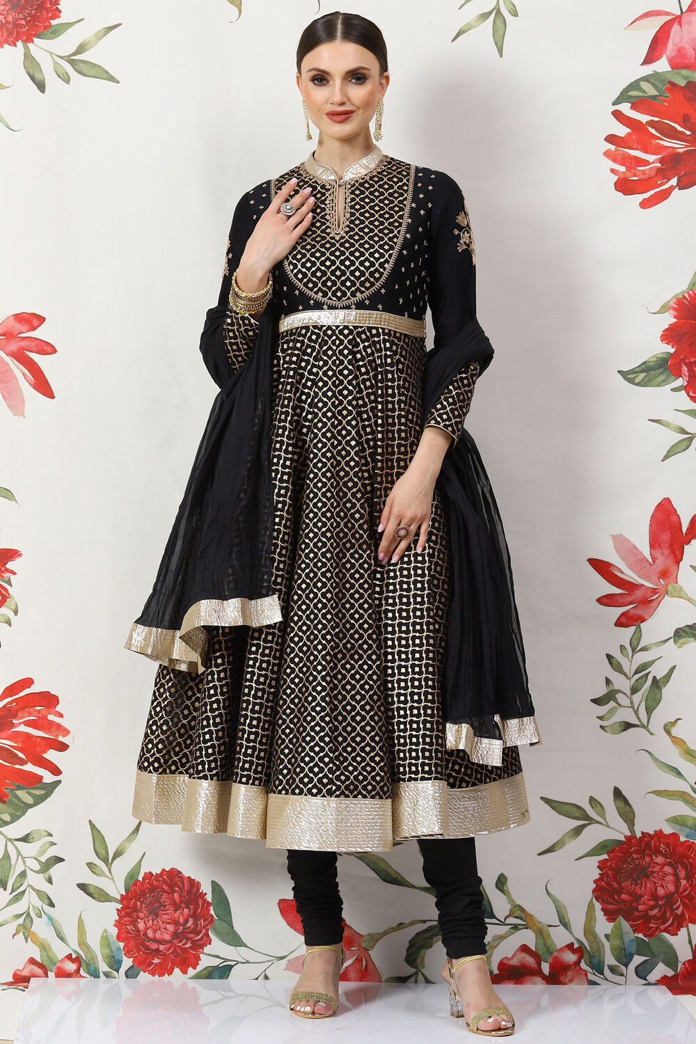 Black Cotton Silk Anarkali Yarndyed Suit Set image number 7