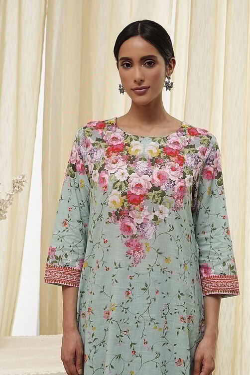 Turquoise Cotton Floral Printed Straight Suit Set image number 1