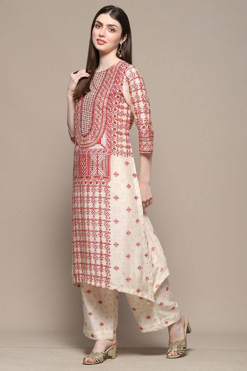 Beige Rayon Asymmetric Kurta & Palazzo Suit Set image number 3