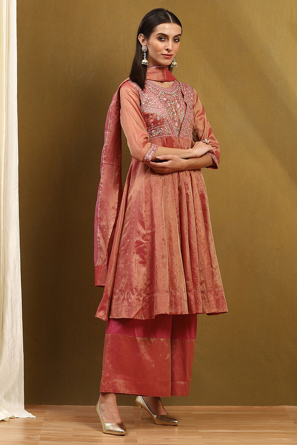 Old Rose-Toned Zari Cotton Embroidered Anarkali Suit Set image number 5