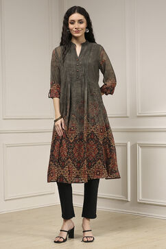 Charcoal-Rust Polyester Straight Printed Kurta image number 6
