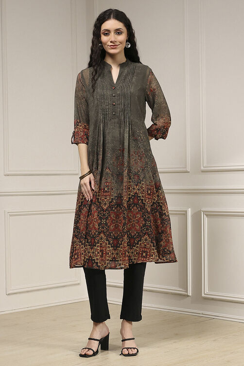 Charcoal-Rust Polyester Straight Printed Kurta image number 6