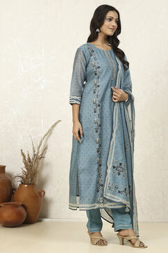 Blue Chanderi Printed Unstitched Suit Set image number 6