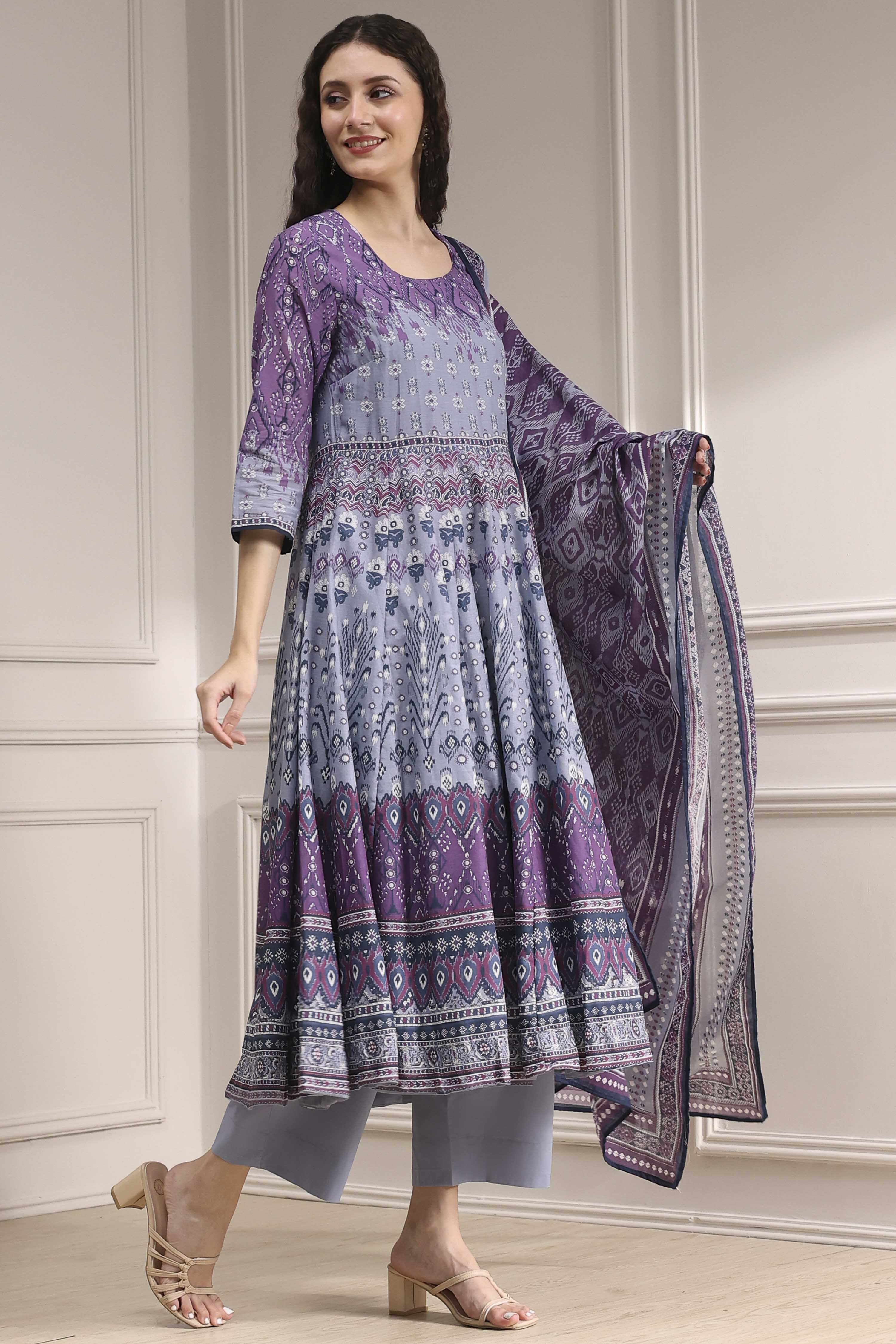 Lilac Cotton Printed Anarkali Suit Set image number 5