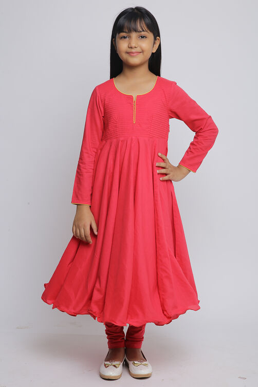 Red Cotton Anarkali Kurta Churidar Suit Set image number 3