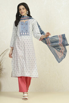 Blue Cotton Printed Embroidered Unstitched Suit Set image number 1