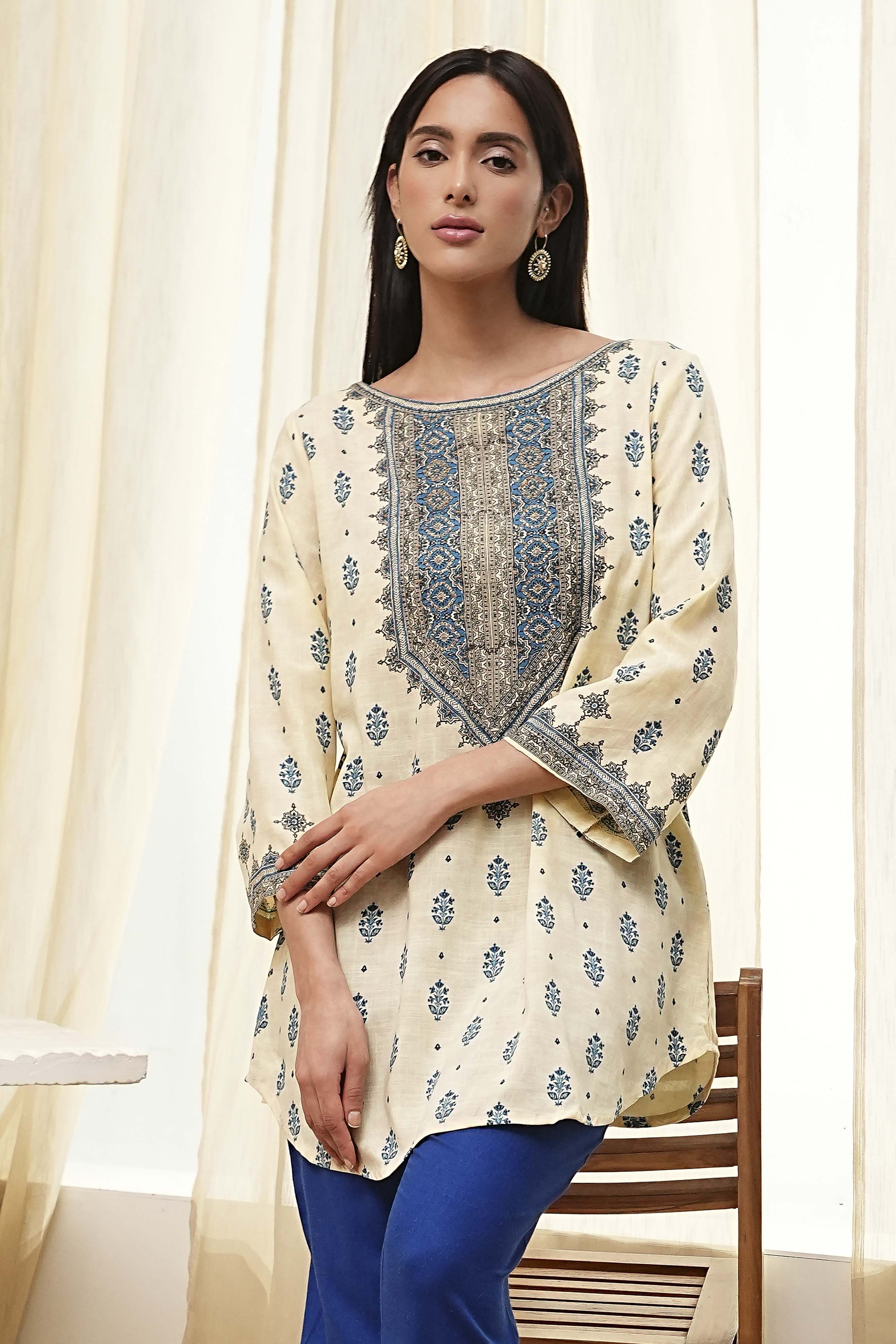 Beige Printed Straight Short Kurta image number 0