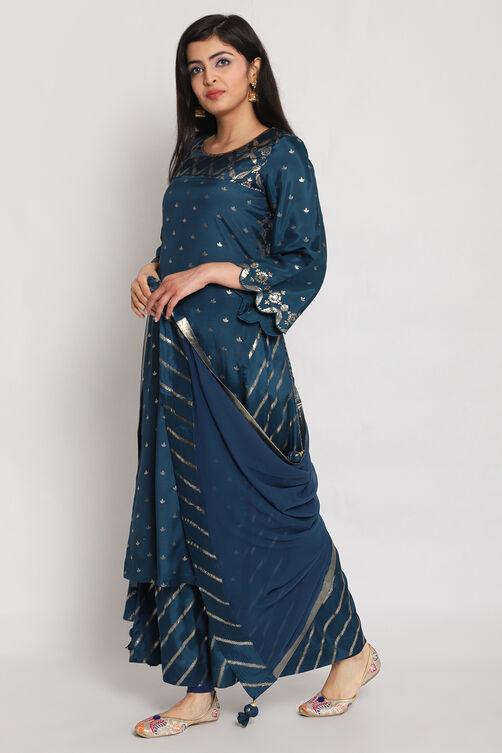 Peacock Blue Viscose Straight Kurta Palazzo Suit Set image number 2