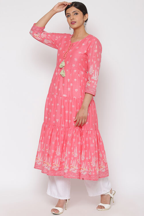 Pink Cotton Tiered Printed Kurta image number 3