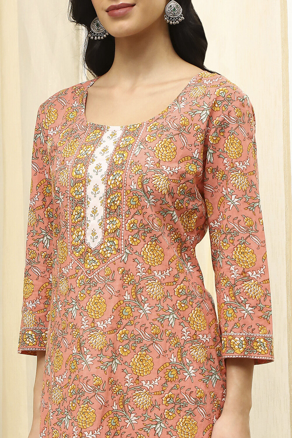 Peach and White Cotton Screen Print Unstitched Suit Set image number 2