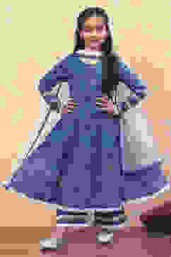 Blue Cotton Printed Flared Festive Tiered Suit Set image number 0