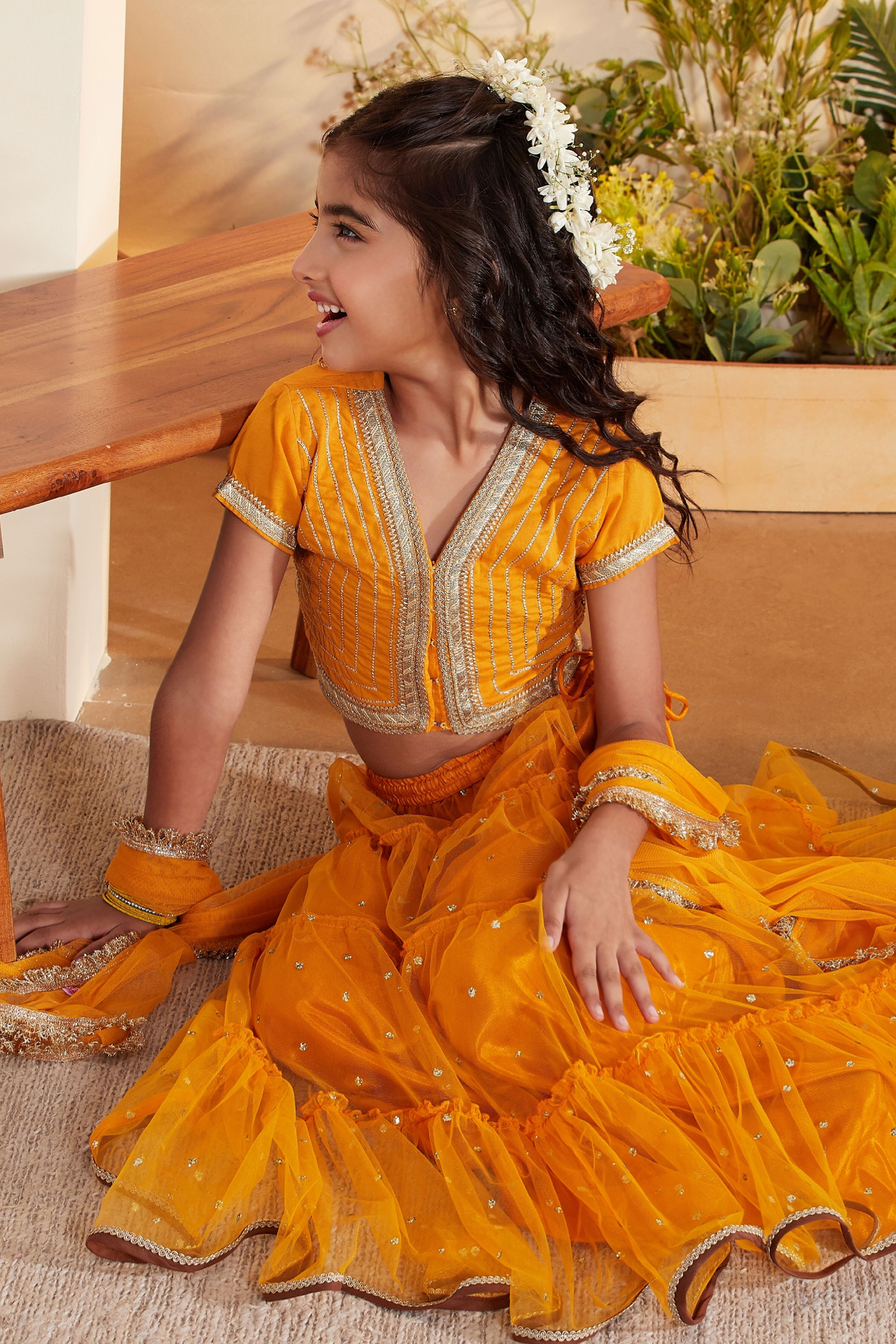Yellow Cotton Sequined Tiered Lehenga Set image number 0