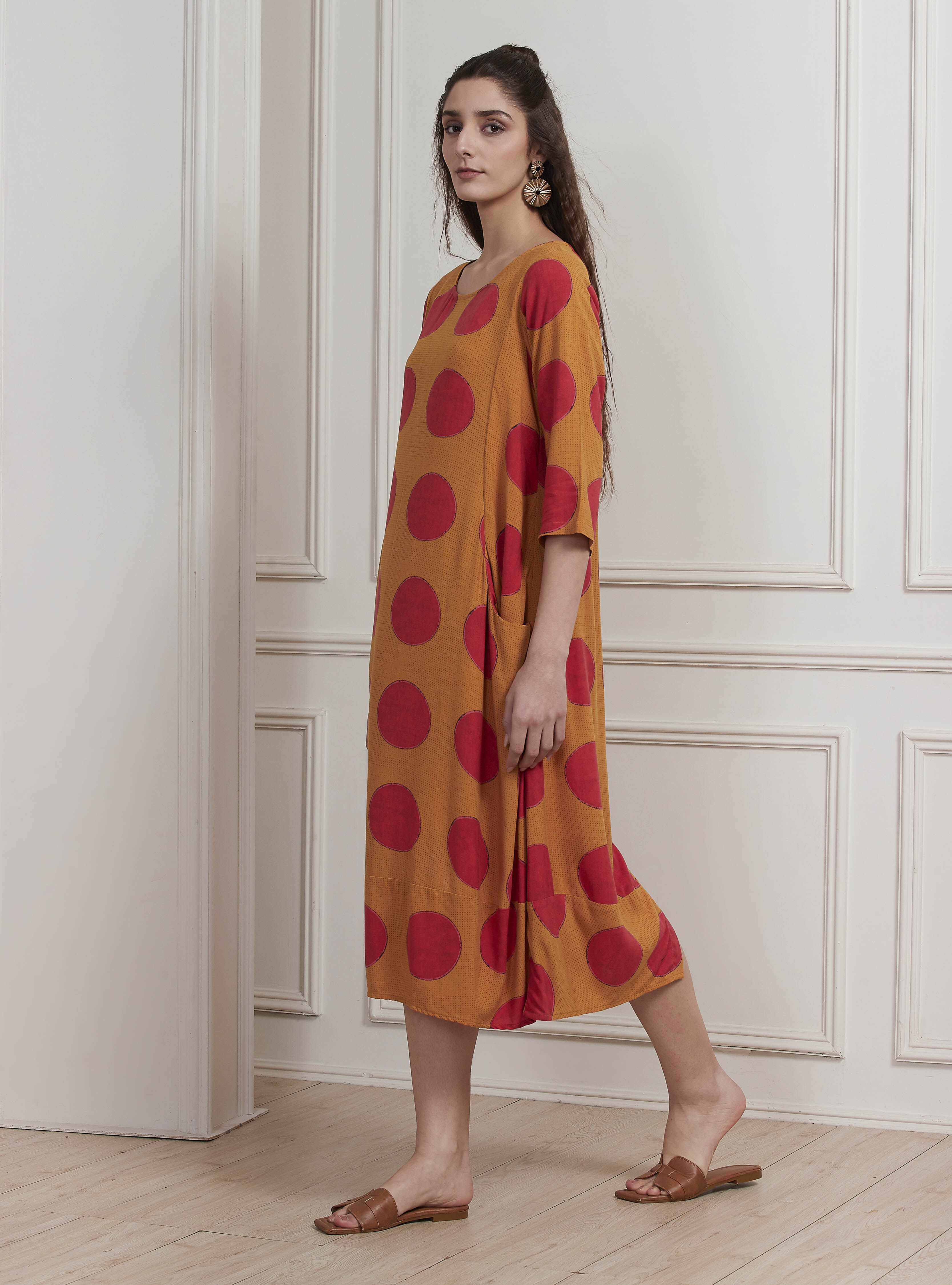 Mustard Yellow Printed A-Line Dress image number 2