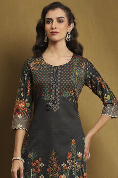 Black Cotton Floral Printed Straight Kurta image number 1