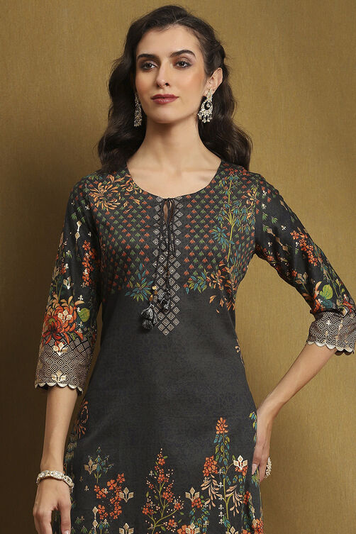 Black Cotton Floral Printed Straight Kurta image number 1