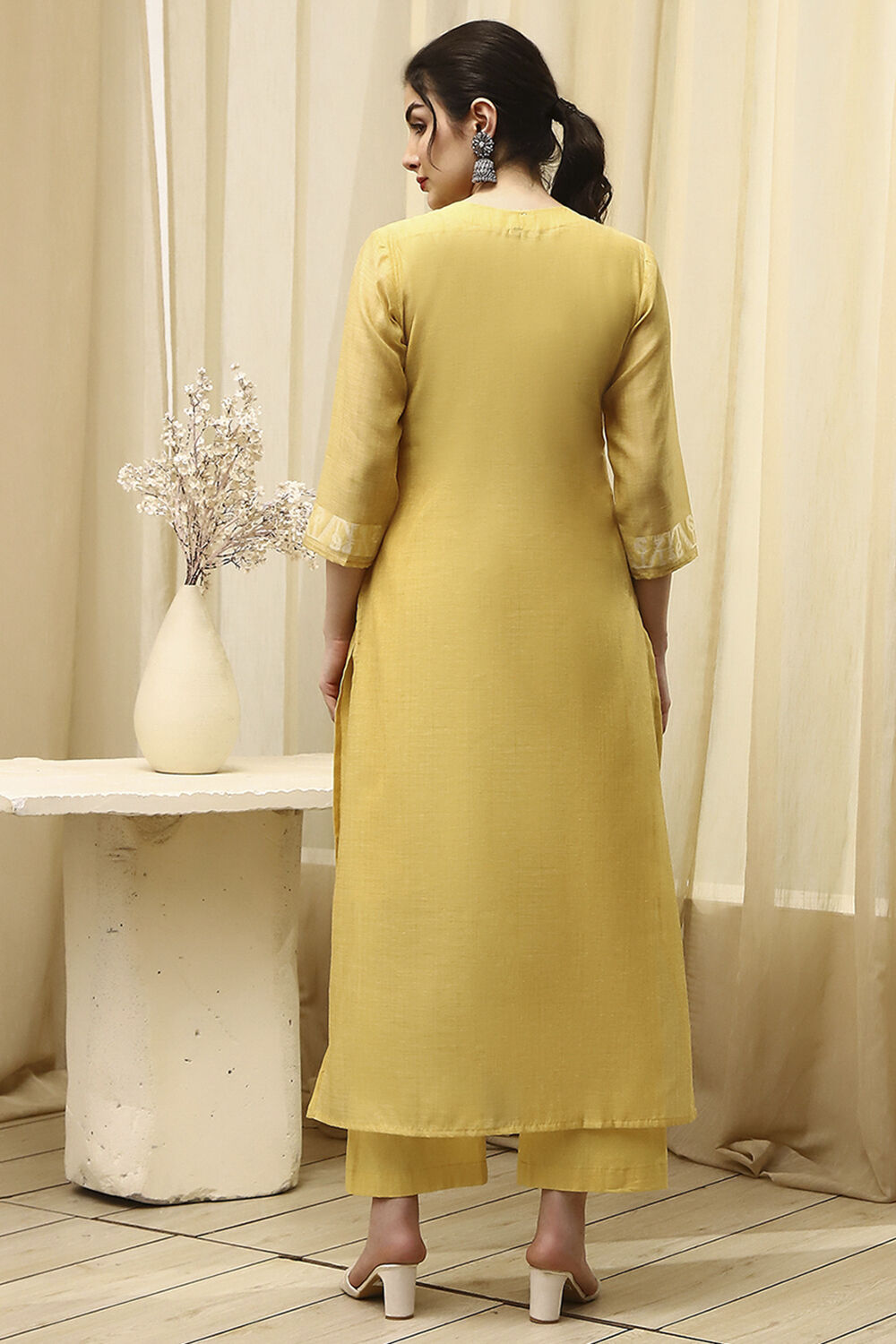 Mustard Chanderi Jamdani Unstitched Suit Set image number 5