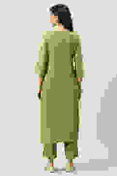 Green Printed Rayon Straight Kurta Regular Pant Suit Set image number 1