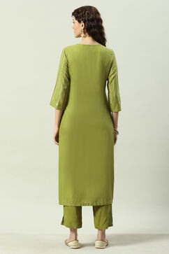 Green Printed Rayon Straight Kurta Regular Pant Suit Set image number 1