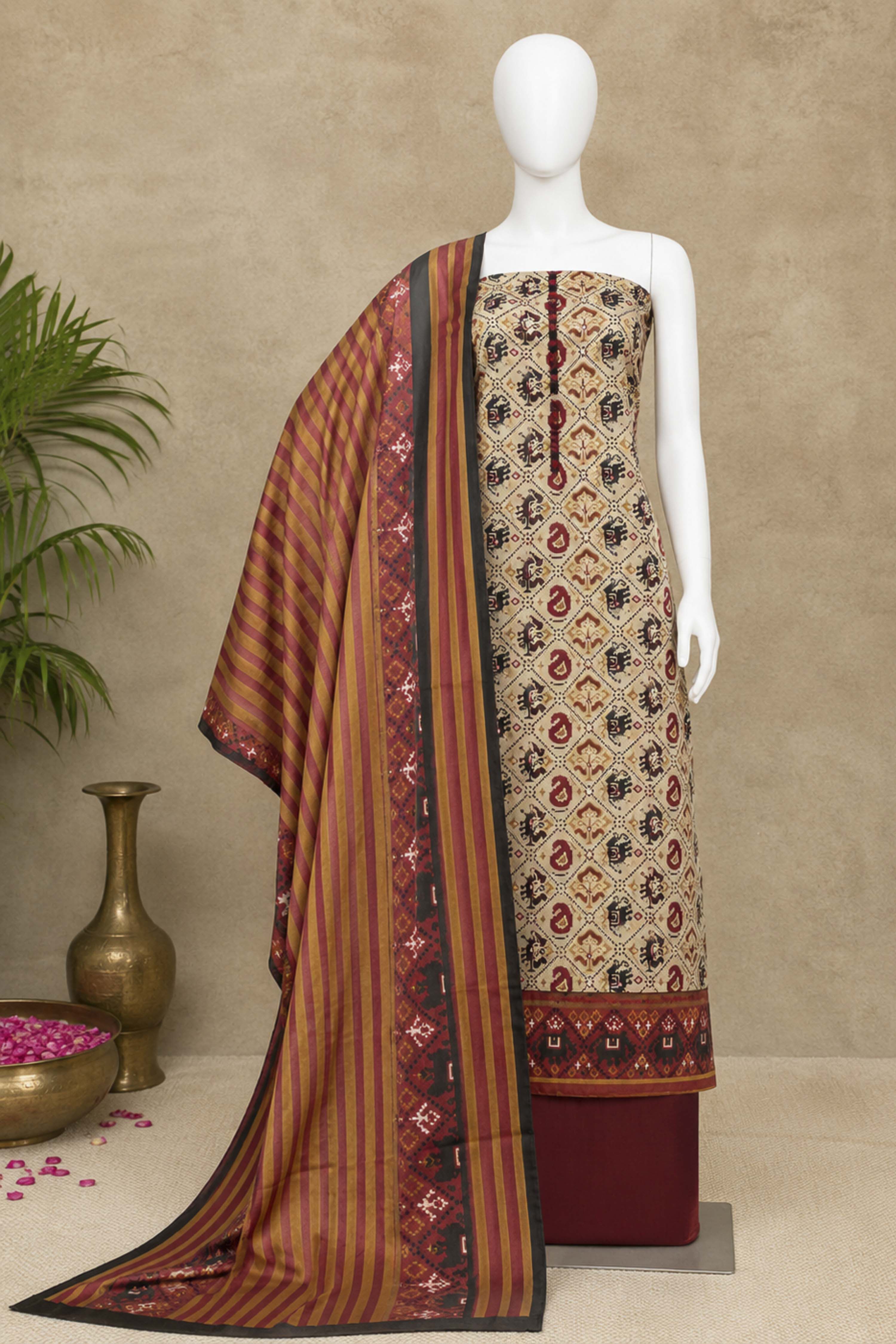 Beige Cotton Printed Unstitched Suit Set image number 5