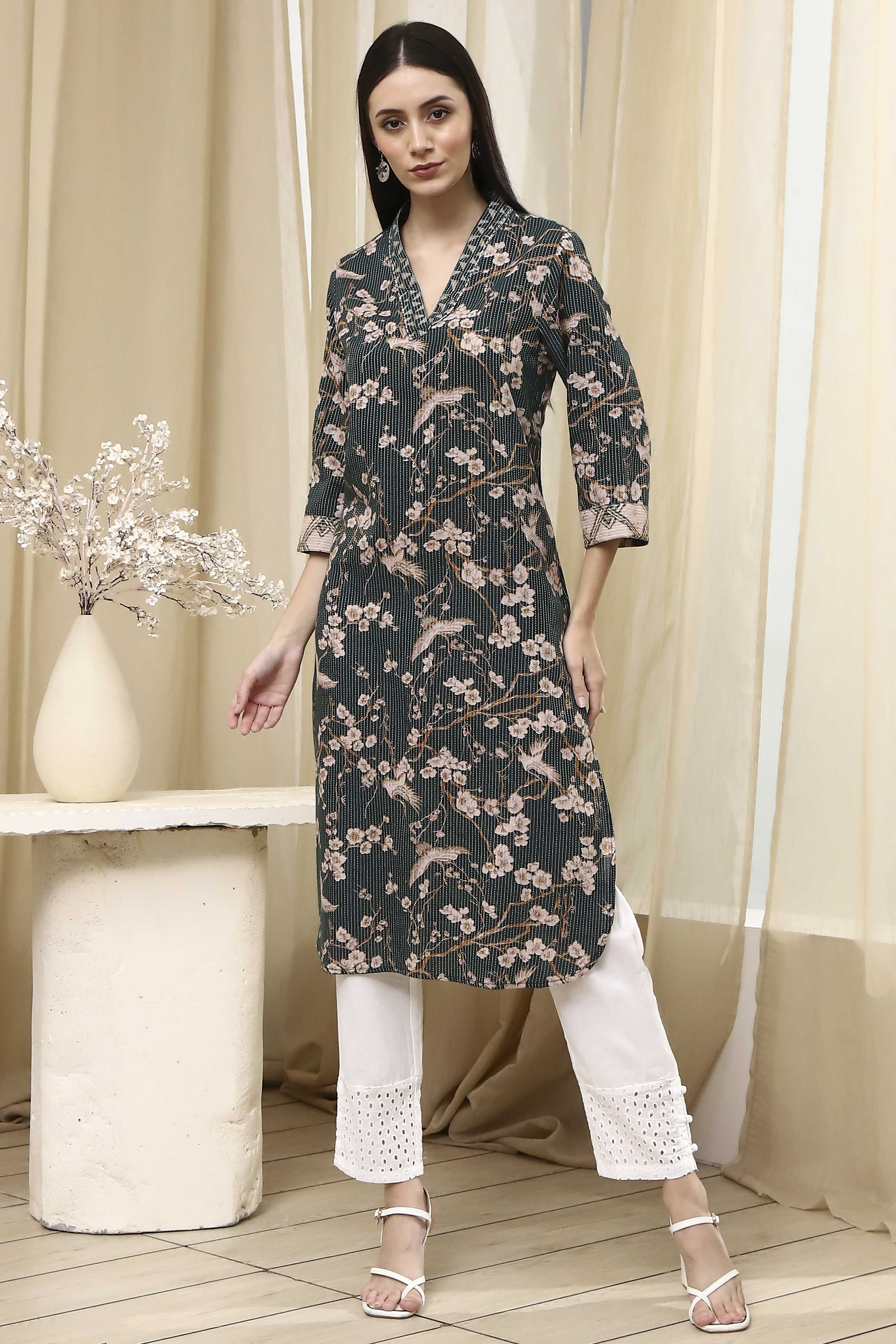 Dark Green Cotton Printed Straight Kurta image number 5