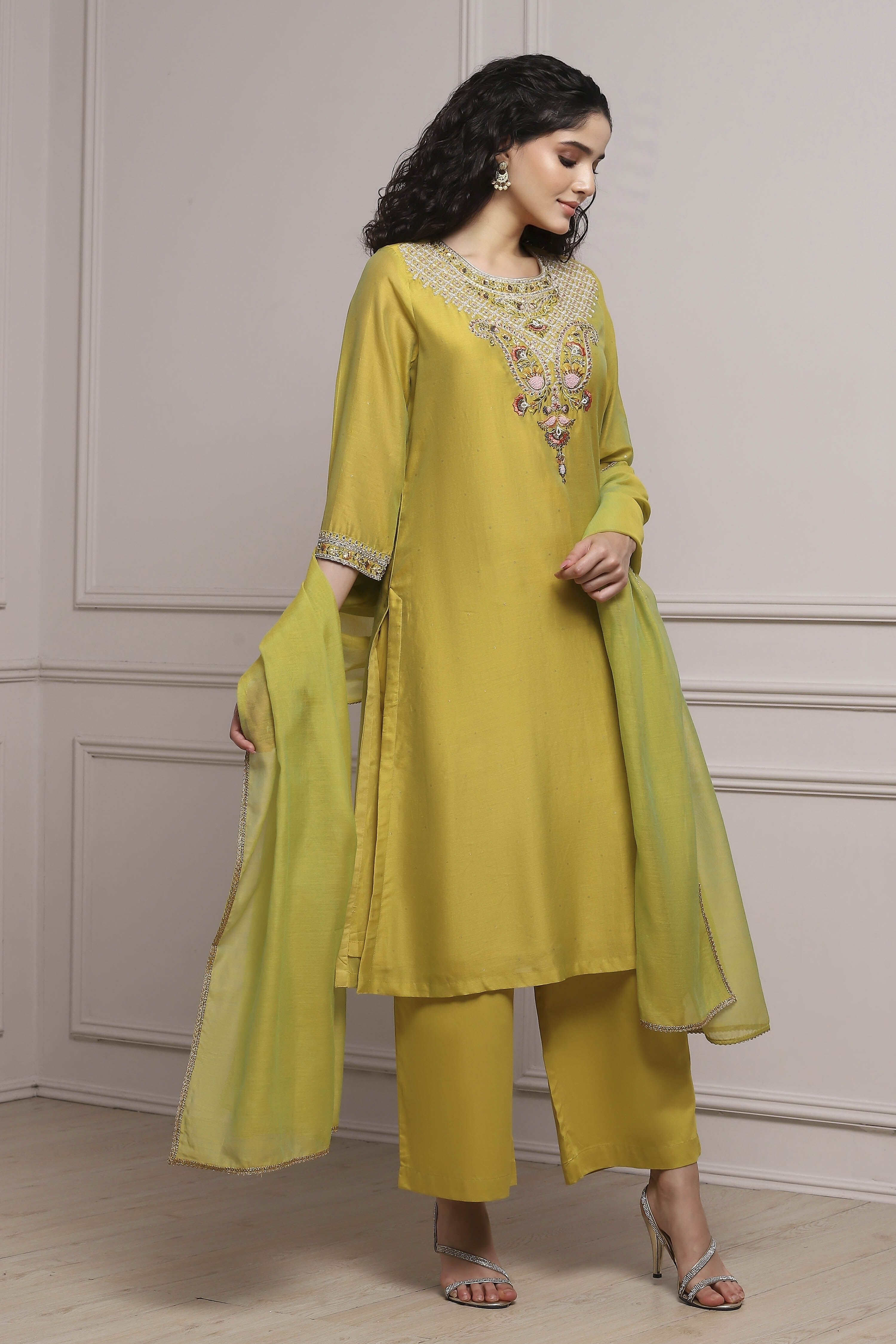Lime Green Silk Chanderi Embroidered Dyed Straight Suit Set image number 7
