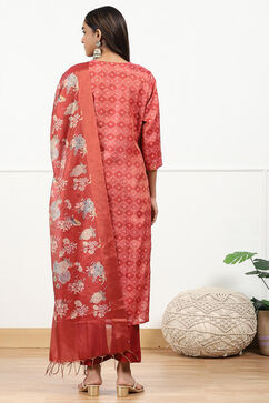 Red Linen Blend Digital Print Unstitched Suit Set image number 6