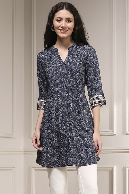 Blue Viscose Rayon Relaxed Printed Kurta image number 5