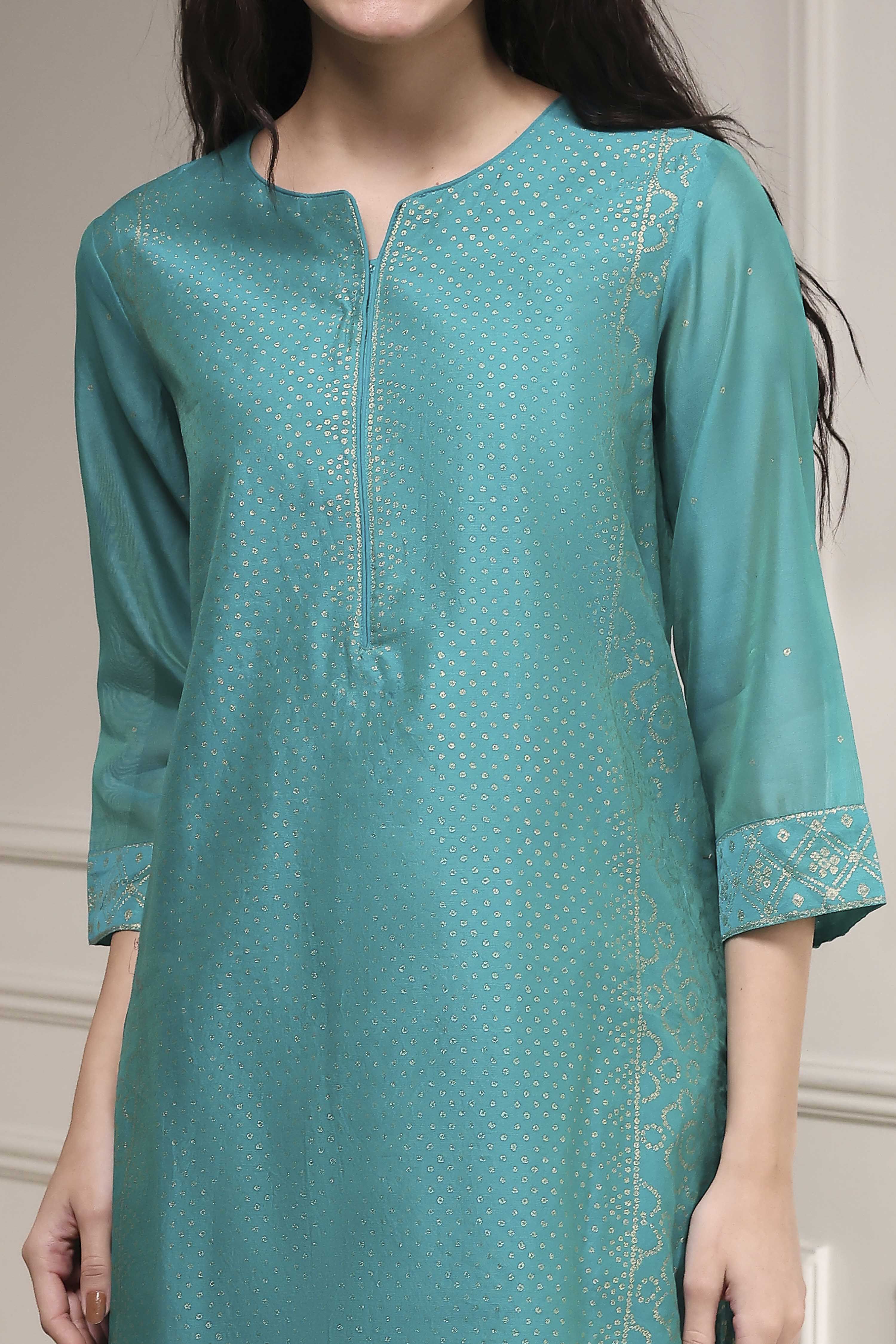Turquoise Cotton Blend Printed Straight Suit Set image number 1