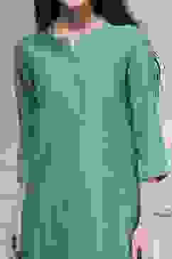 Turquoise Cotton Blend Printed Straight Suit Set image number 1