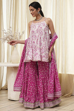White and Pink Cotton Floral Flared Suit Set image number 3