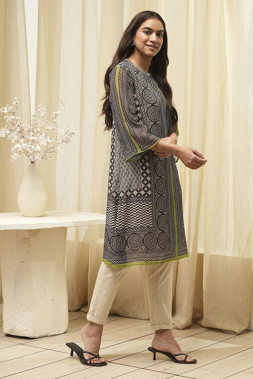 Black Polyester Straight Printed Kurta image number 4