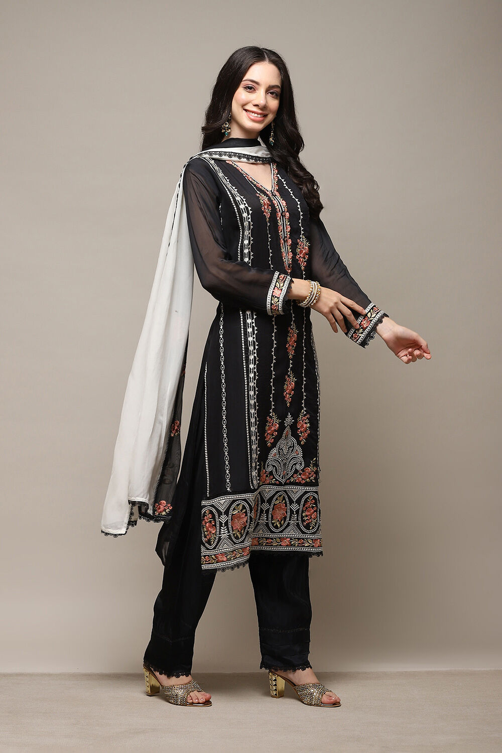 Black Organza Printed Unstitched Suit Set image number 7