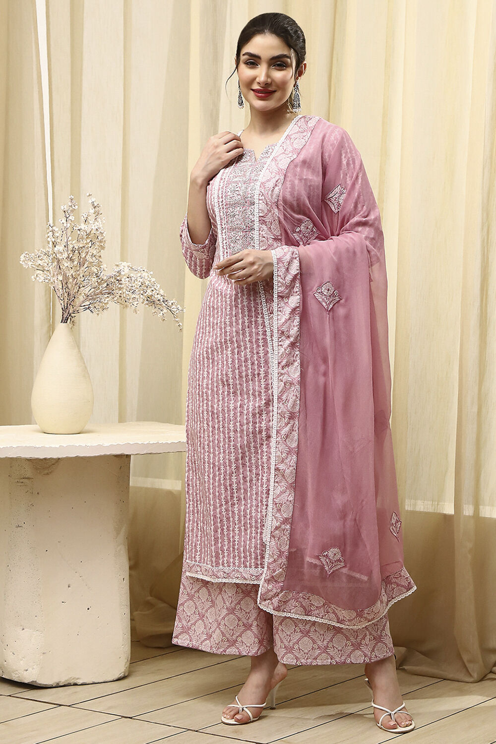 Mauve Cotton Printed Unstitched Suit Set image number 4
