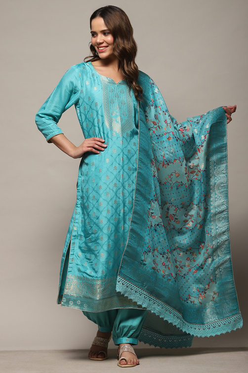 Green Cotton Blend Unstitched Suit Set image number 1