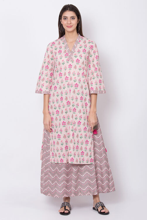 Peach Cotton Straight Kurta Sharara Suit Set image number 2