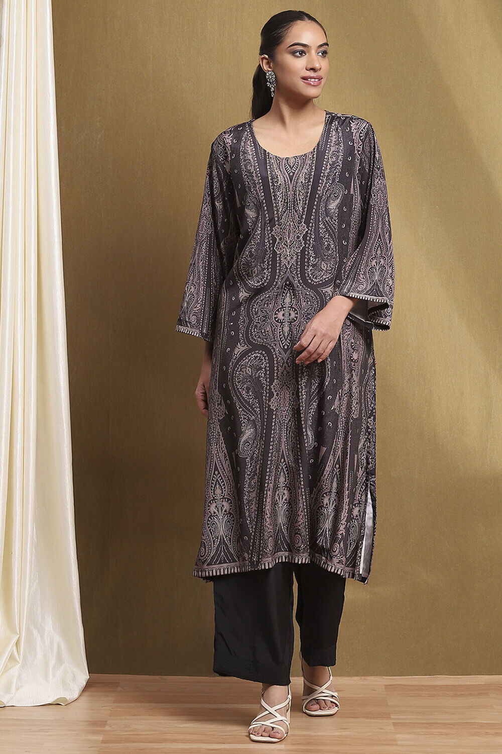 Black Printed Straight Suit Set image number 7