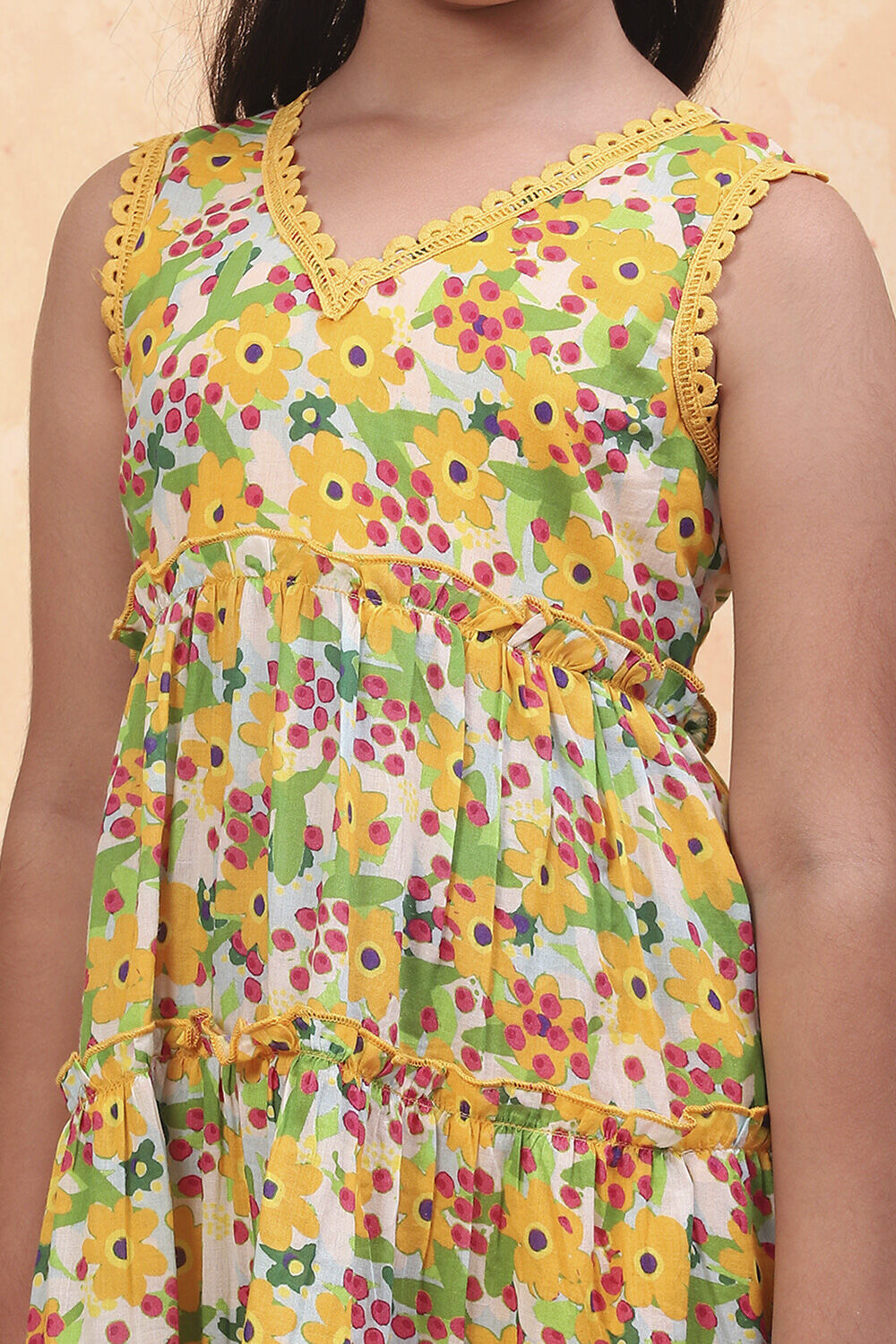 Yellow Pure Cotton Floral Printed Tiered Suit Set image number 1