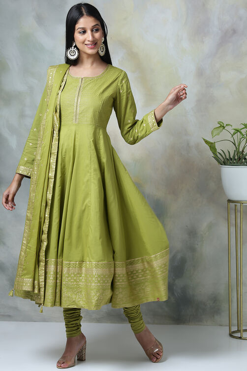 Green Cotton Kalidar Kurta Churidar Suit Set image number 4