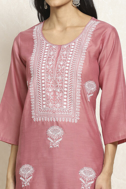 Peach Chanderi Machine Embroidered Unstitched Suit Set image number 2