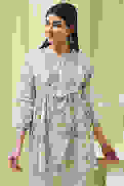 Ice Blue Cotton Floral Flared Short Kurta image number 4