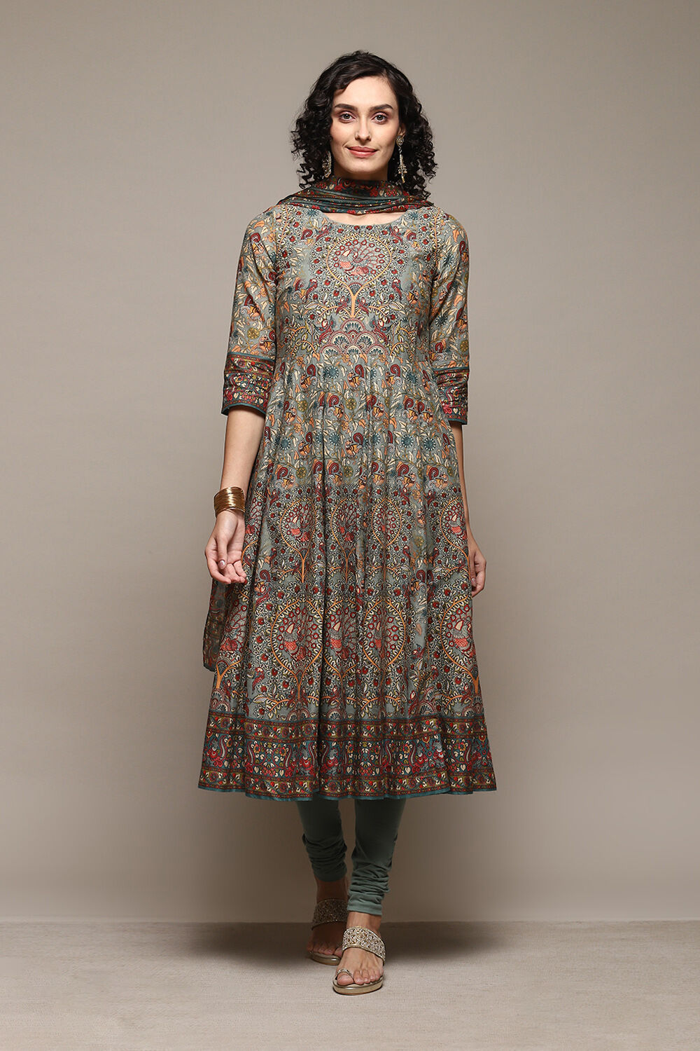 Sap Green Cotton Anarkali Kurta Churidar Suit Set image number 7