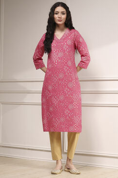 Pink Cotton Straight Printed Kurta image number 5