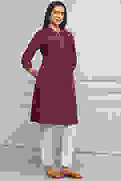 Wine Cotton Solid Straight Kurta image number 4