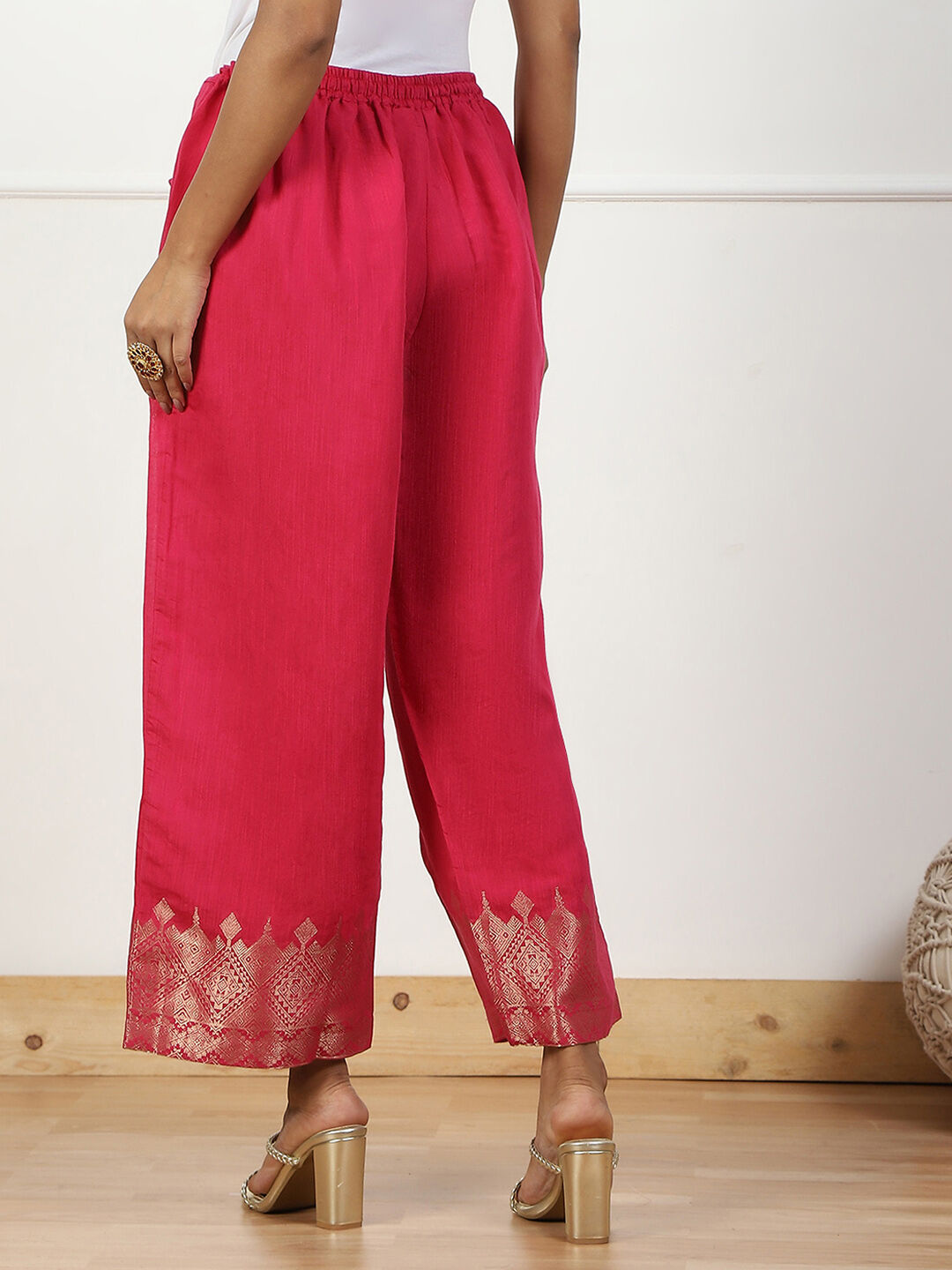 Pink Jacquard Solid Straight Palazzo Pants image number 5