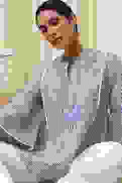 Blue Cotton Striped Straight Short Kurta image number 0