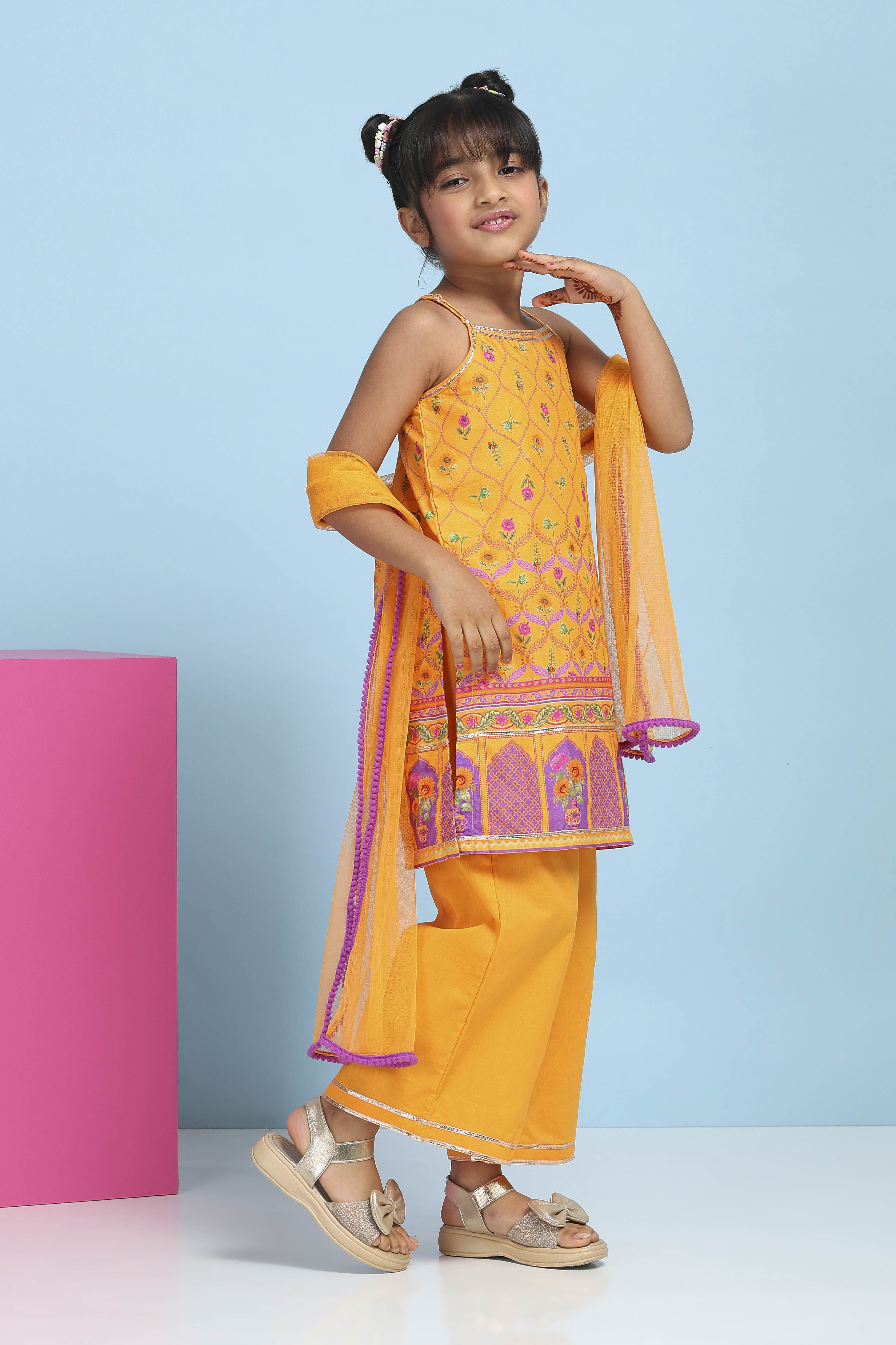 Orange Cotton Printed Straight Suit Set image number 5